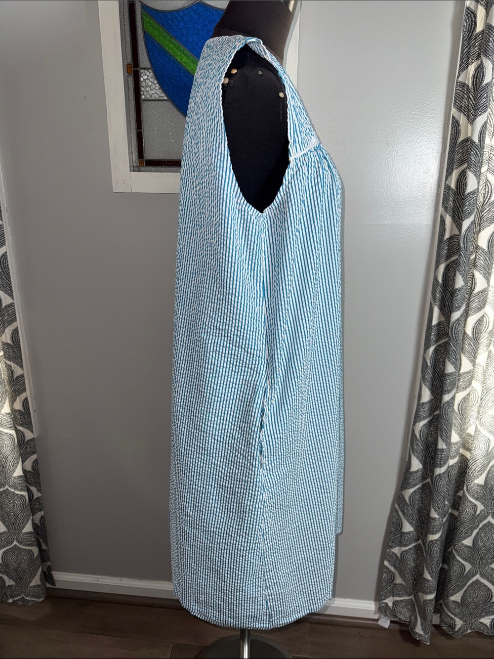 The Vermont Country Store Teal/ White Seersucker Sleeveless Nightgown – Large - Picture 8 of 9
